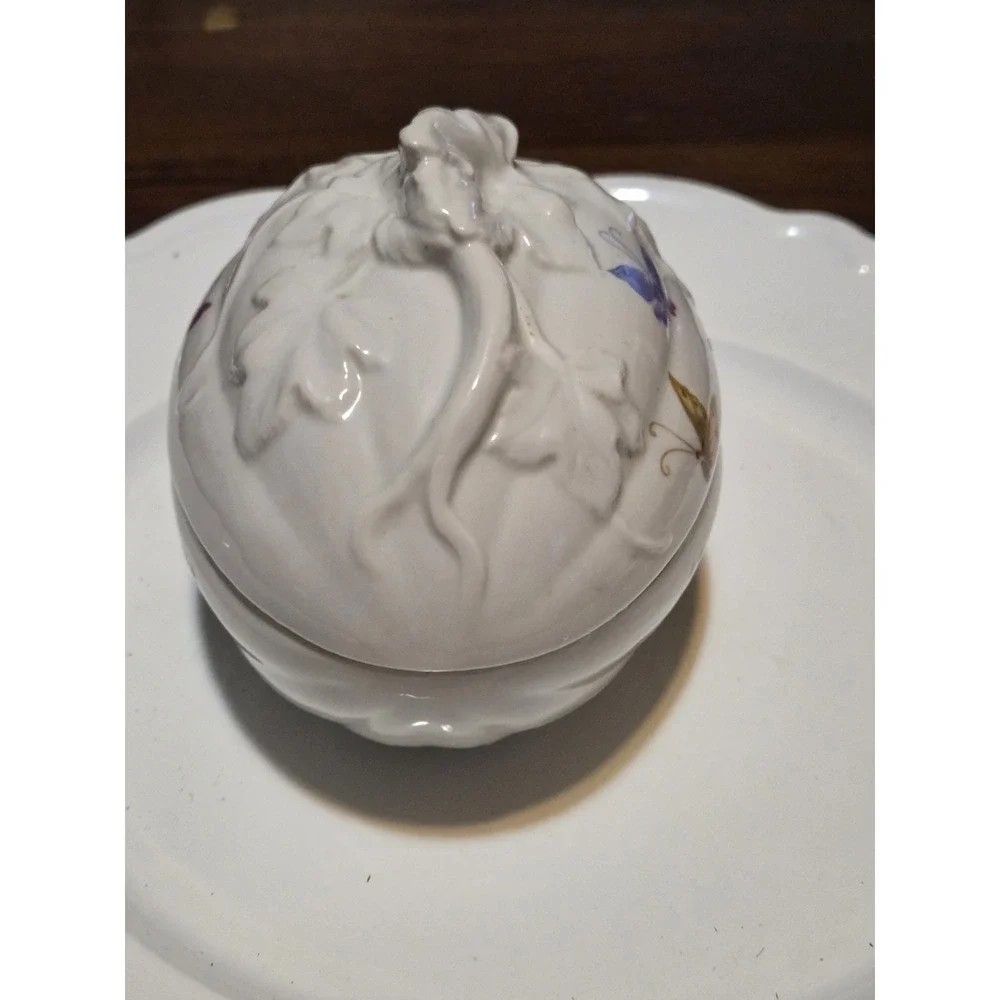 Vintage Charles Revson Inc Ciara Porcelain Egg Trinket Dish Featuring butterflie